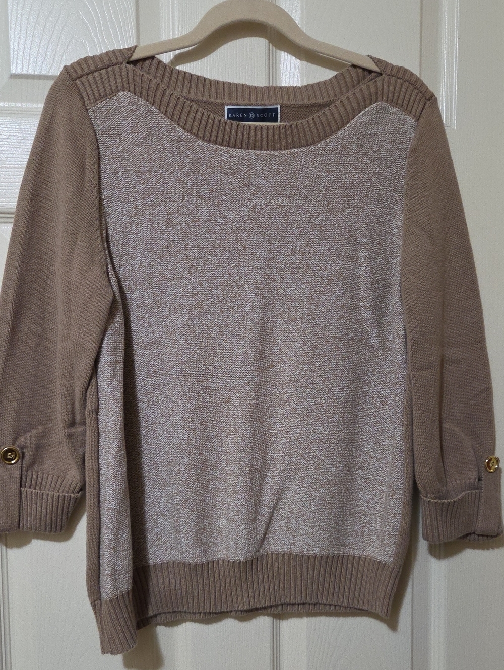 Karen Scott Two-Tone Taupe Crewneck Sweater